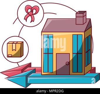 Chambre avec les icônes d'expédition et de livraison sur fond blanc, design coloré. vector illustration Illustration de Vecteur
