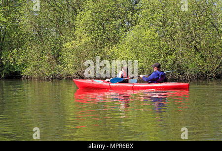 Un couple pour faire place à un red canoe sur la rivière Bure sur les Norfolk Broads près de Wroxham, Norfolk, Angleterre, Royaume-Uni. Banque D'Images