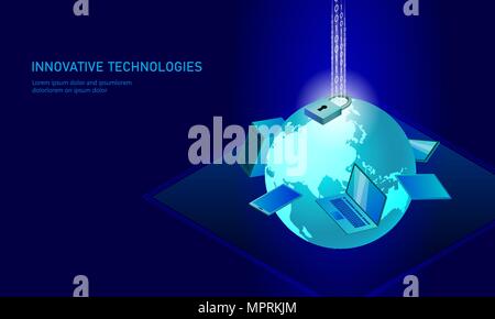 Verrou de sécurité internet isométrique concept d'entreprise. Rougeoyant bleu connexion de données d'information personnelle isométrique smartphone pc technologie de l'avenir. Vector illustration infographie 3D Illustration de Vecteur