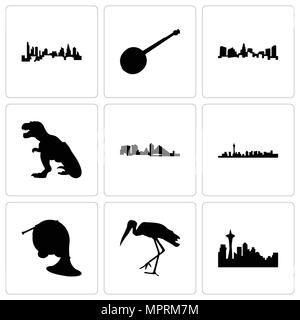 Ensemble de 9 icônes modifiable simple comme Seattle, Stork, cor français, las vegas, Wisconsin, t rex, charlotte, banjo, peut être utilisé pour le mobile, web Illustration de Vecteur