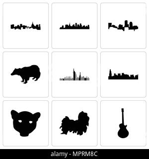 Ensemble de 9 icônes modifiable simples tels que l'image les paul, shih tzu, jaguar face, Chicago, Dubaï, Badger, boston, st peut être utilisé pour le mobile, web Illustration de Vecteur