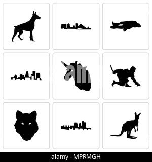 Ensemble de 9 icônes modifiable simple comme le kangourou, Haïti, le loup visage, ninja, tête de licorne, Kentucky State, chalk, Wisconsin, doberman, peut être utilisé pour le mo Illustration de Vecteur