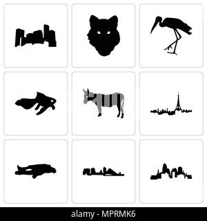 Ensemble de 9 icônes modifiable simple comme le Wisconsin, chalk, Paris, l'Âne, le carassin, la cigogne, le loup visage, Minnesota, peut être utilisé pour le mobile, web Illustration de Vecteur