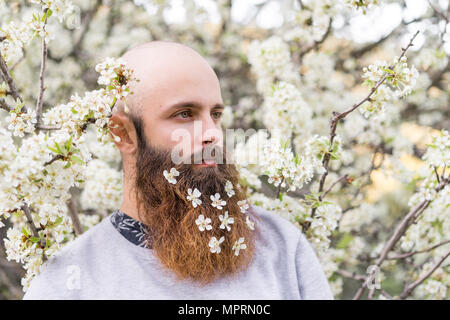 Portrait de hipster avec arbre blanc fleurs dans sa barbe Banque D'Images