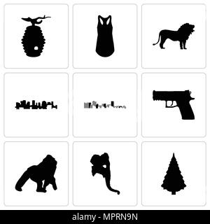 Ensemble de 9 icônes modifiable simple comme l'arbre de Noël, tête d'éléphant, gorille, pistolet, Cuba, Norvège, lion, débardeur, ruche, peut être utilisé pour le mobile, Illustration de Vecteur