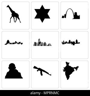Ensemble de 9 icônes modifiable simple comme l'inde la carte, AK47, Gandhi, Cincinnati, Austin, Texas, étoile de David, girafe, peut être utilisé pour le mobile, web Illustration de Vecteur