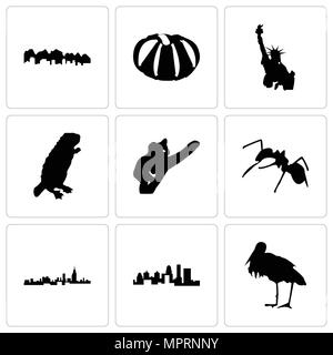 Ensemble de 9 icônes modifiable simple comme la cigogne, Kentucky State, New York, ant, koala, castor, statue de la liberté, de citrouilles, de l'Utah, peut être utilisé pour le mobile, w Illustration de Vecteur