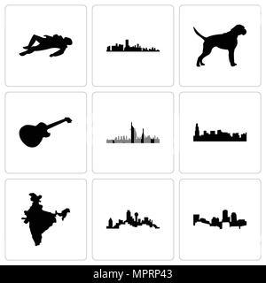 Ensemble de 9 icônes modifiable simple comme Boston, Dallas, Chicago, carte de l'Inde, Dubaï, libre de les paul, chien boxer, Floride, scène de crime, le corps peut être utilisé fo Illustration de Vecteur
