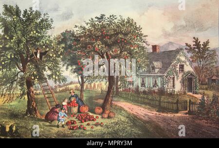 American Homestead - Automne, pub. 1869, Currier & Ives (Couleur) Banque D'Images