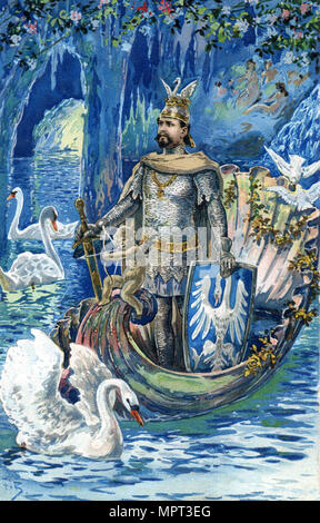 Le roi Louis II comme Lohengrin dans la grotte bleue du château de Linderhof, ch. 1900. Banque D'Images