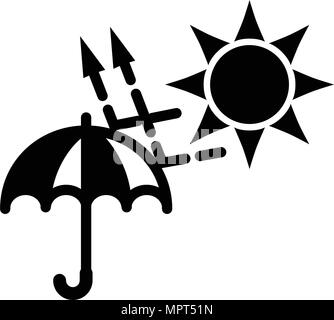 Noir et blanc simple sun (UVA, UVB) icône de protection. Les rayons du soleil avec des flèches de rebondir à partir de parapluie. Illustration de Vecteur