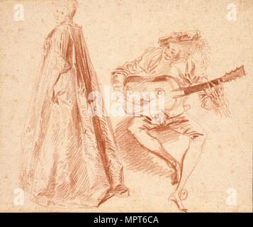 Girl standing in profil à gauche, avec un homme, jouer q guitare, début du 18e siècle. Artiste : Jean-Antoine WATTEAU. Banque D'Images