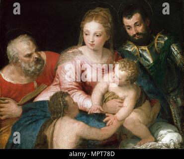 La Sainte Famille avec le jeune Saint Jean-Baptiste et Saint George, début années 1550. Artiste : Paolo Veronese. Banque D'Images