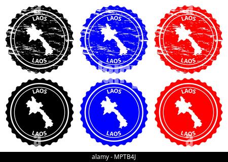 Laos - timbre en caoutchouc - vector, République Démocratique Populaire Lao (Muang) Carte - sticker - noir, bleu et rouge Illustration de Vecteur