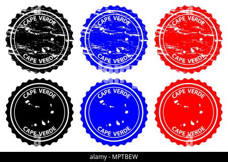 Cap-vert - timbres en caoutchouc - vecteur, République de Cabo Verde carte - sticker - noir, bleu et rouge Illustration de Vecteur