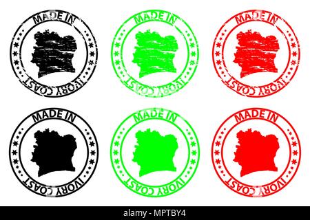 Faites en Côte d'Ivoire - timbres en caoutchouc - vecteur, Côte d'Ivoire carte - noir, vert et rouge Illustration de Vecteur