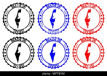 Fabriqués en Israël - timbres en caoutchouc - vecteur, état d'Israël carte - noir, bleu et rouge Illustration de Vecteur
