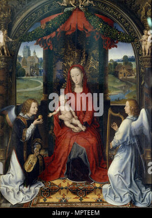 Vierge à l'enfant avec des anges. Panneau central du triptyque Pagagnotti, ch. 1480. Banque D'Images