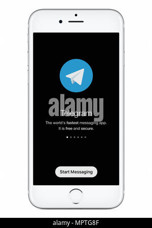L'écran de lancement messenger télégramme télégramme avec logo sur Apple iPhone 8 blanc. Banque D'Images
