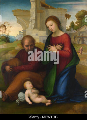 La Vierge adorant l'enfant avec Saint Joseph, avant 1511. Banque D'Images