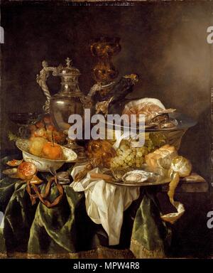 Nature morte avec un vin d'argent-jar et un portrait de l'artiste reflète, c1657. Artiste : Abraham van Beyeren. Banque D'Images
