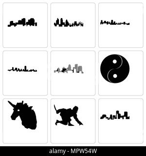 Ensemble de 9 icônes modifiable simple comme la Louisiane, ninja, tête de licorne, Yin Yang, Kentucky State, Maryland, Londres, peut être utilisé pour le mobile, web Illustration de Vecteur