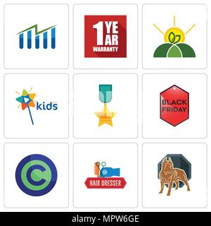 Ensemble de 9 icônes modifiable simple comme pit bull, coiffeur, libre de droit d'auteur, vendredi noir, 100 % de satisfaction, mini chaîne, agro, garantie de 1 an, f Illustration de Vecteur