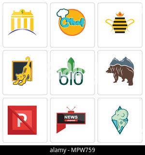 Ensemble de 9 icônes modifiable simple comme tous les béliers, chaîne d'information, pas de parking, ours, biodégradable, lion cub, Queen Bee, chef, banque, peut être utilisé fo Illustration de Vecteur