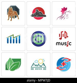 Ensemble de 9 icônes modifiable simples tels que l'assurance-maladie, moutain, stevia, la musique, le droit d'auteur gratuitement, de la réserve, salon, kart, pit bull, peut être utilisé pour le mobile, Illustration de Vecteur
