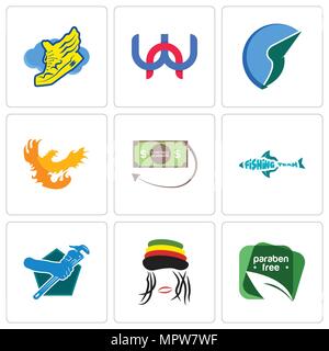 Ensemble de 9 icônes comme modifiable simple sans parabène, rastaman, plombier, l'équipe de pêche, garantie de dos d'argent, Phoenix, trading co, wn, chaussure avec ailes, Illustration de Vecteur