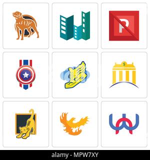 Ensemble de 9 icônes modifiable simple comme wn, Phoenix, lion cub, banque, service avec des ailes, Captain America, pas de parking, construction, rottweiler, peut être u Illustration de Vecteur
