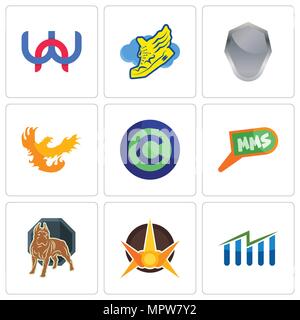 Ensemble de 9 icônes modifiable simple comme de la réserve, nova, pit bull, mms, libre de droit d'auteur, Phoenix, bouclier, chaussure avec ailes, wn, peut être utilisé pour le mobile, Illustration de Vecteur