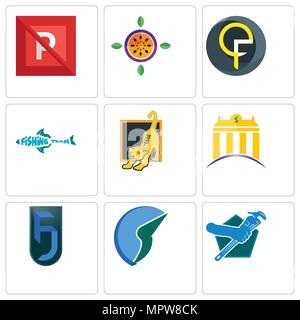 Ensemble de 9 icônes modifiable simple comme plombier, trading co, jf, banque, lion cub, l'équipe de pêche, qf, fruit de la passion, pas de parking, peut être utilisé pour le mobile, Illustration de Vecteur