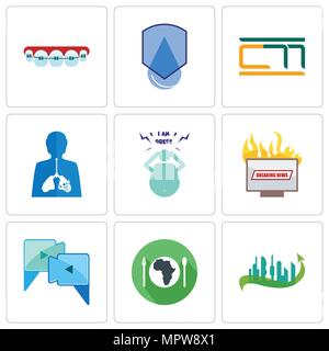 Ensemble de 9 icônes modifiable simple comme ville de l'avenir, la faim, l'appel vidéo, breaking news, l'obésité, l'inflammation, étanche, orthodontiste, peut être utilisé fo Illustration de Vecteur