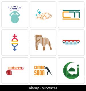 Ensemble de 9 icônes modifiable simple comme masjid, bientôt, orthodontiste, bouledogue, l'égalité, carwash, obésité, peut être utilisé pour le mobile, web Illustration de Vecteur