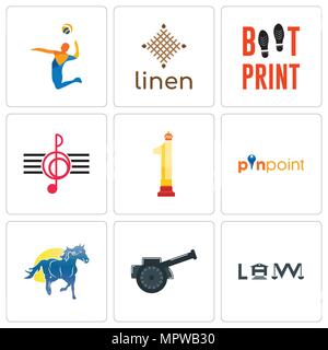 Ensemble de 9 icônes modifiable simple comme le droit, cannon, mustang mascot, pinpoint, no1, clé de sol, l'amorçage, , volley, peut être utilisé pour le mobile, nous Illustration de Vecteur