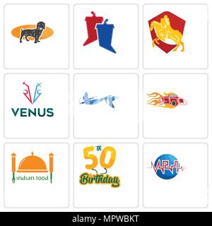 Ensemble de 9 icônes modifiable simple comme med, 50e anniversaire, la nourriture indienne, hot rod, sirène, Vénus, chevalier à cheval, débat, teckel, peut être utilisé pour le m Illustration de Vecteur