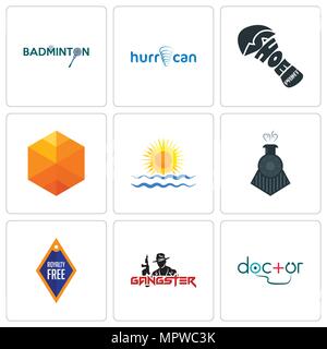 Ensemble de 9 icônes modifiable simple comme médecin, gangster, locomotive, soleil levant, cubique, service de l'impression, hurrican, badminton, peut être utilisé pour le mobile, web Illustration de Vecteur