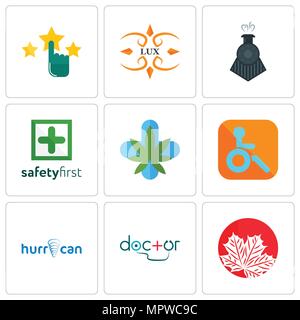 Ensemble de 9 icônes modifiable simple comme la feuille, médecin, hurrican, handicapés, la marijuana médicale, la sécurité d'abord, la locomotive, lux, client satisf Illustration de Vecteur