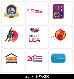Ensemble de 9 icônes modifiable simple comme 20 ans, anniversaire, hébergement, sparte, made in USA, un studio de danse, tournoi de volley-ball 30, l'Amérique, peut être utilisée à Illustration de Vecteur