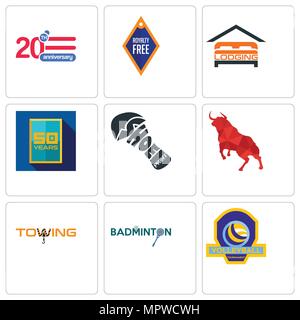 Ensemble de 9 icônes modifiable simple comme le badminton, tournoi de volley, remorquage, Bull, service de l'impression, 50 ans, l'hébergement, 20 ans, peut être utilisé pour le m Illustration de Vecteur