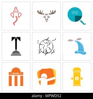 Ensemble de 9 icônes modifiable simple comme poteau incendie, dab, agence bancaire, cascade, séisme, concierge, tourner la page, l'orignal, Ganesh, peut être utilisé pour mob Illustration de Vecteur