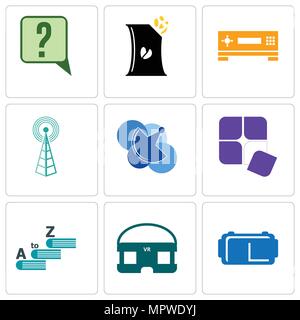 Ensemble de 9 icônes modifiable simple comme casque vr, le vocabulaire, l'adaptabilité, telecom, station cellulaire, set top box, sac de chips, d'enquête, peut être utilisé pour Illustration de Vecteur