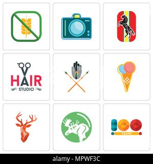 Ensemble de 9 icônes modifiable simple comme l'année 100, l'orignal, tête de cerf, des glaces, de la tribu, Hair Studio, cheval, DSLR, sans gluten, peut être utilisé pour le mobile, web Illustration de Vecteur