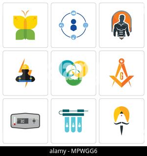 Ensemble de 9 icônes modifiable simple comme sikh, filtre à eau, thermostat, masonic, le triskèle, électricien, fitness, tidy, buterfly, peut être utilisé pour mobi Illustration de Vecteur