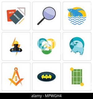 Ensemble de 9 icônes modifiable simple telles que tennis, bat, masonic, Eagle Head, le triskèle, électricien, betta poisson, groupe de discussion, travail à domicile, peuvent être utilisés Illustration de Vecteur