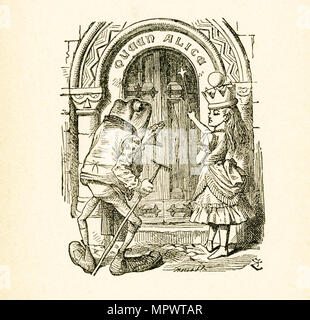 Cette illustration d'Alice avec Frog à la porte (au-dessus de laquelle est écrit 'Alice', la reine est dans de l'autre côté de 'et ce qu'Alice a trouvé là' par Lewis Carroll (Charles Lutwidge Dodgson), qui a écrit ce roman en 1871 comme une suite de 'Alice's Adventures in Wonderland.' Ici Alice a mis la couronne royale sur sa tête. Banque D'Images