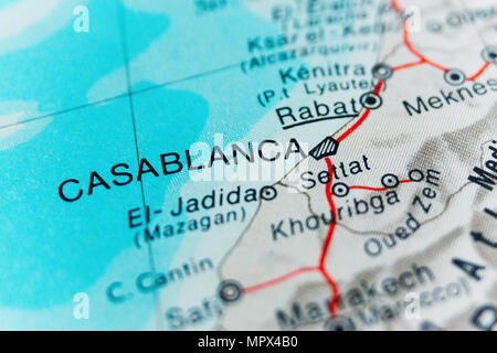 Carte de Casablanca. Un gros plan de Casablanca. Concept de voyage. Stock Photo. Banque D'Images
