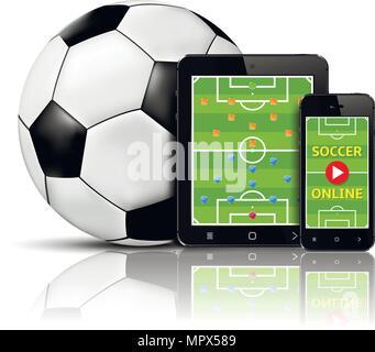 Football en direct en ligne sur téléphone mobile et tablette avec la formation d'équipes. Vector illustration. Illustration de Vecteur