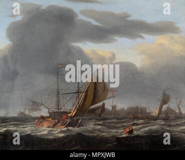 "Un navire à l'ancre dans une mer agitée', c1660-c1708. Ludolf Backhuysen Artiste : I. Banque D'Images